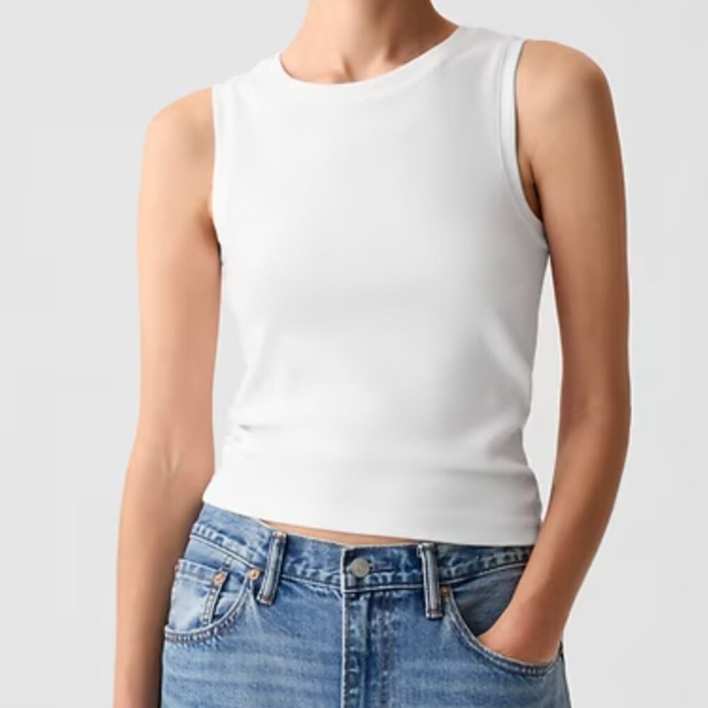 Gap Womens M Tall Plain Solid White Modern Shell Tank Top Sleeveless Stretch